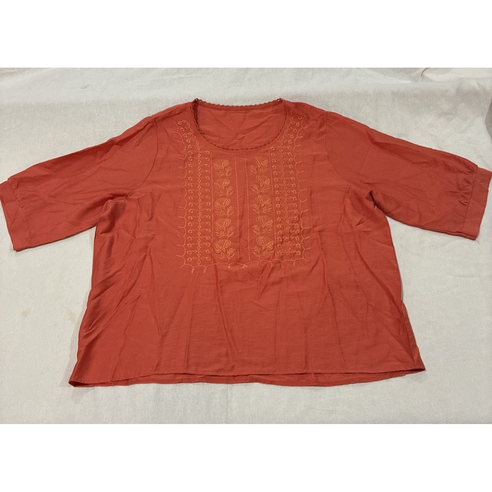 Women's Top XL Orange Embroidered Tunic Peasant Boho‎ Chic Lightweight Relaxed